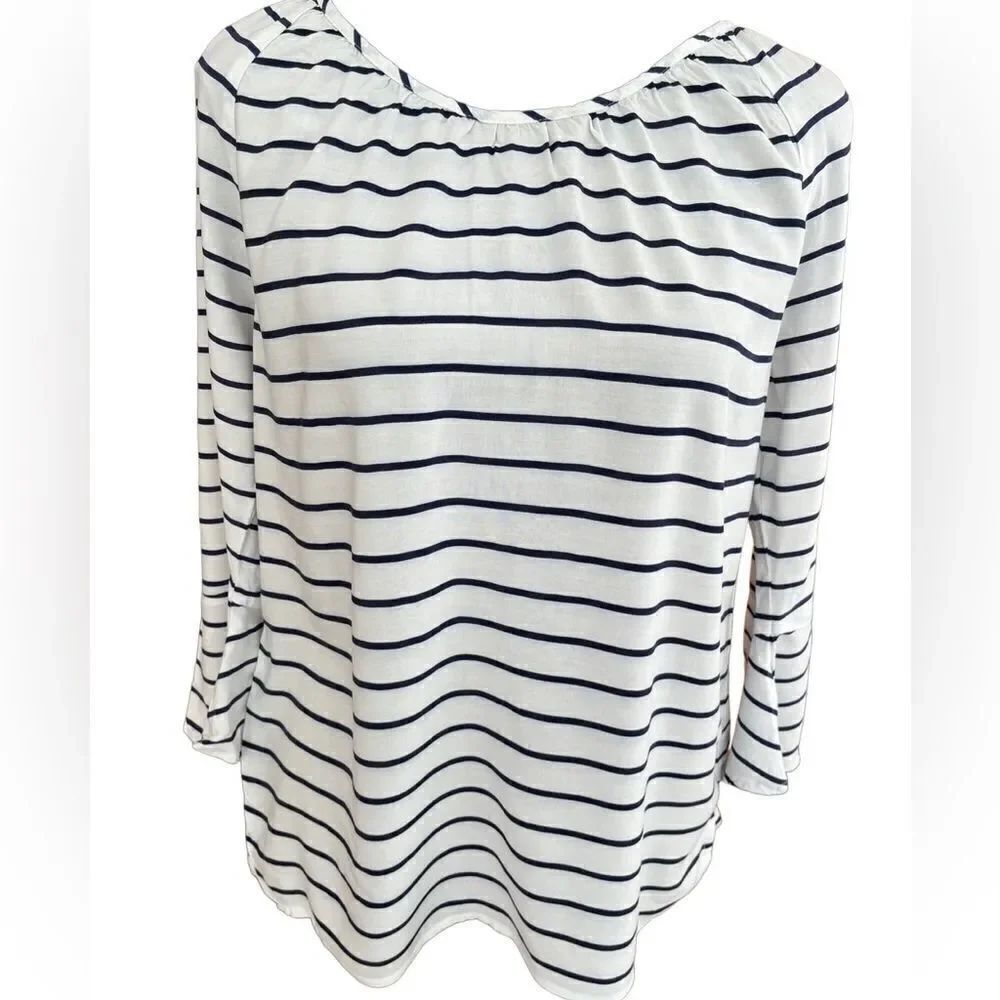 Banana Republic white/black striped rayon scoop neck top, 3/4 bell sleeves sz S